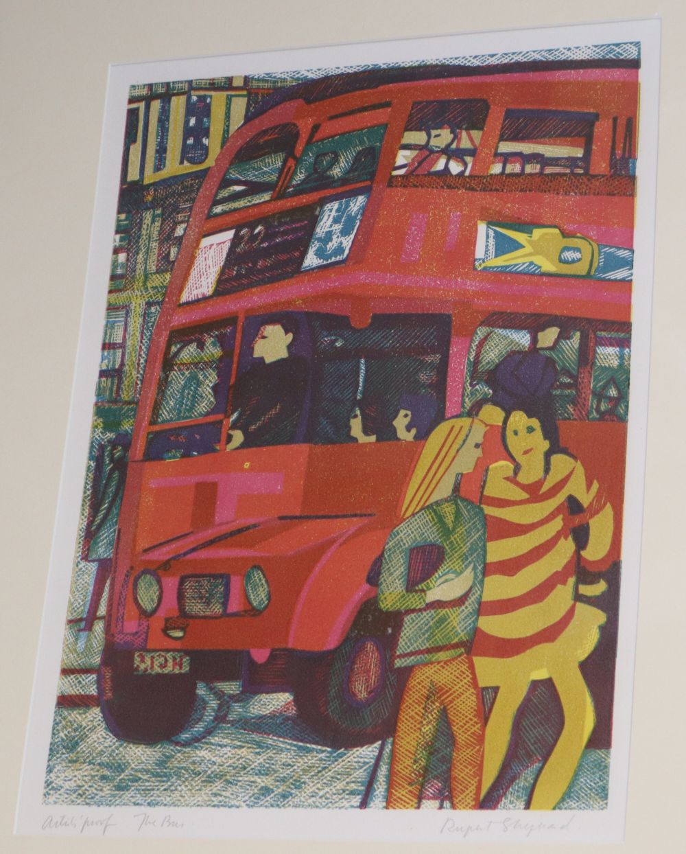 Rupert Shepherd, colour woodcut, artist proof The Bus, signed in pencil, 40 x 29cm, unframed